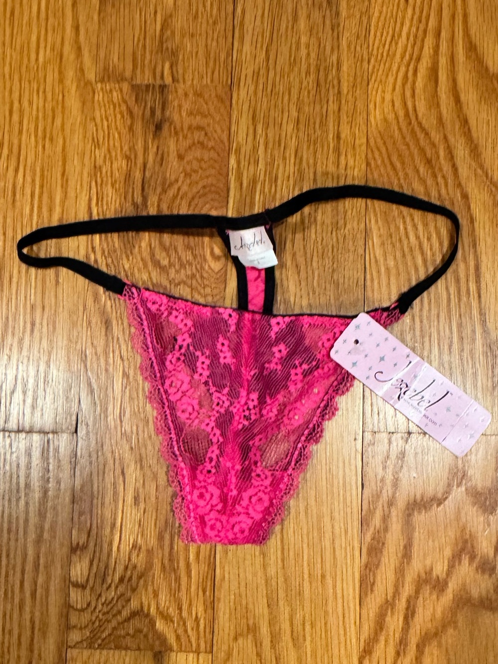 Jezebel Magenta Hot Pink Lace Black Straps Strappy Thong Small S